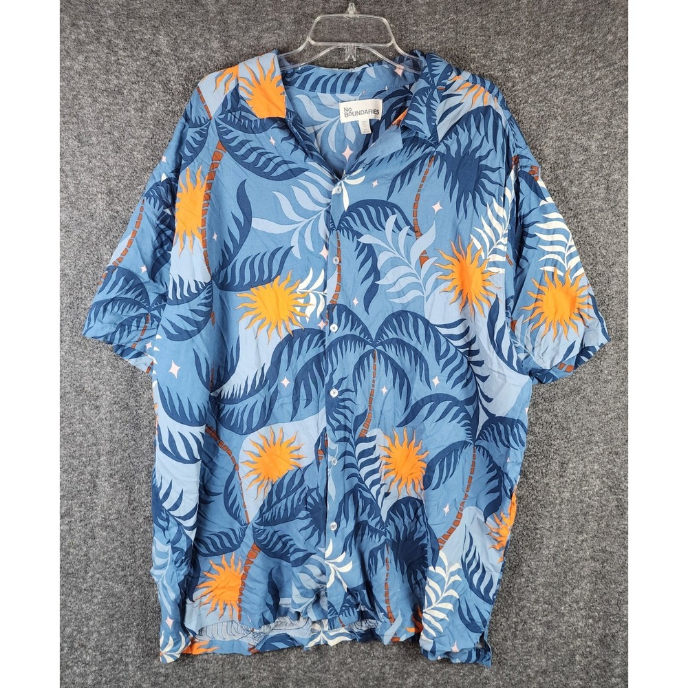 No Boundaries Shirt Mens 3XL Short Sleeve Tropical Palm Sun Blue Orange NEW